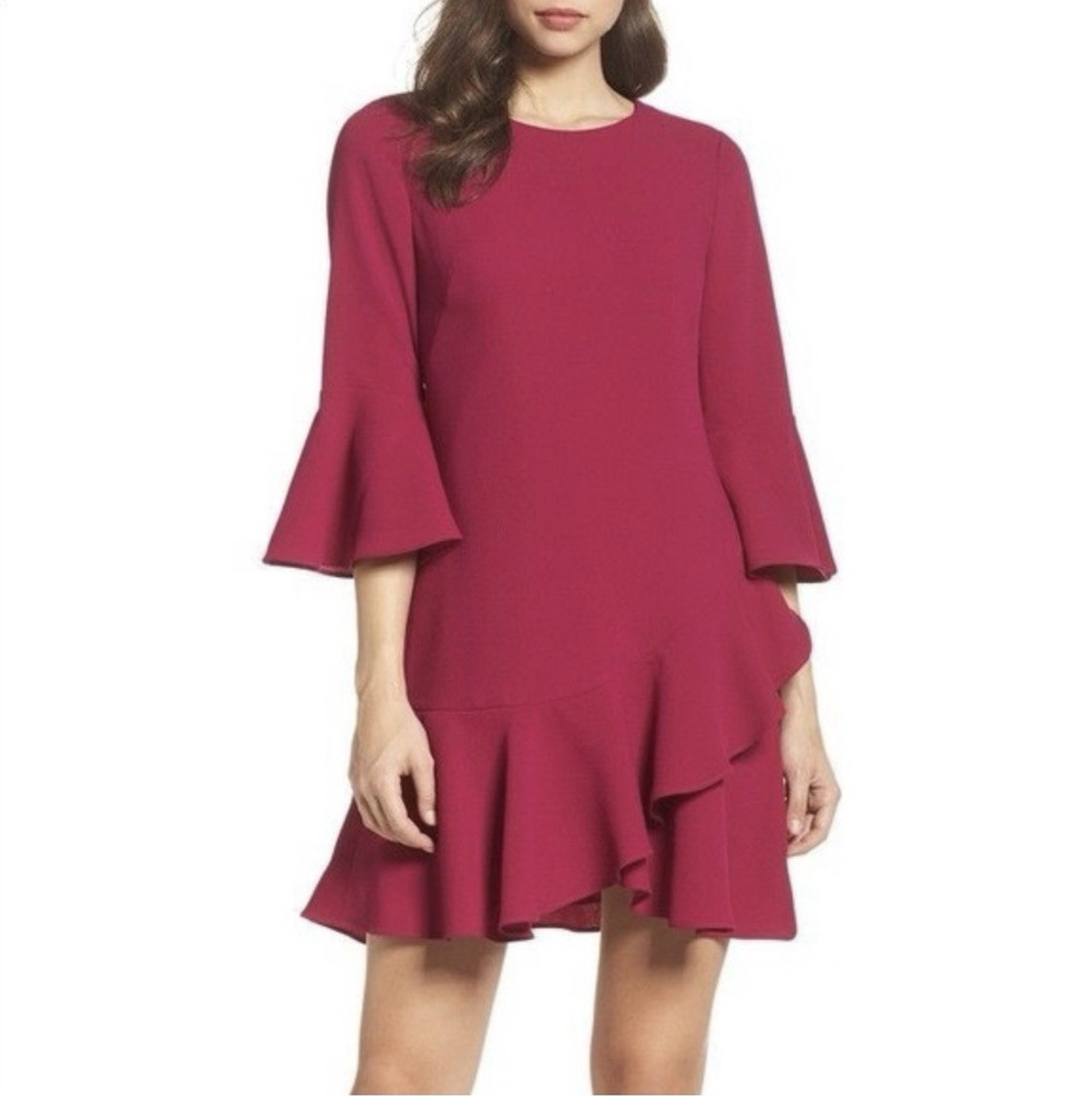 Eliza J Magenta Flounce Ruffle Mini Dress 12 Bell Sleeve Wedding Guest Cocktail